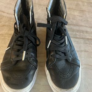 Vans High Top Black Leather Lace Up Sneakers Comfort Shoes Womens 6 Zip Back